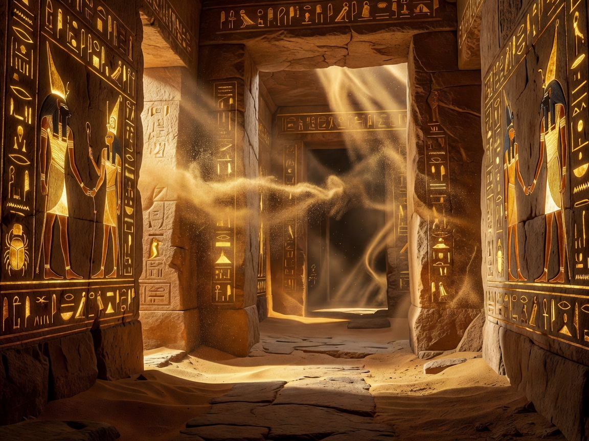 A high dynamic graphic of an illuminated Egyptian tomb entrance corridor displaying sand particles and golden hieroglyphs