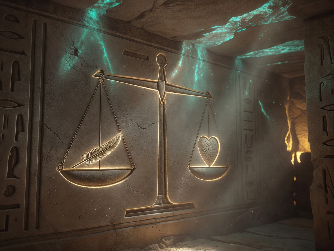 A glowing stone hieroglyphic depiction of the Scales of Ma'at balancing a feather of truth against a heart under soft turquoise and golden volumetric tomb lighting