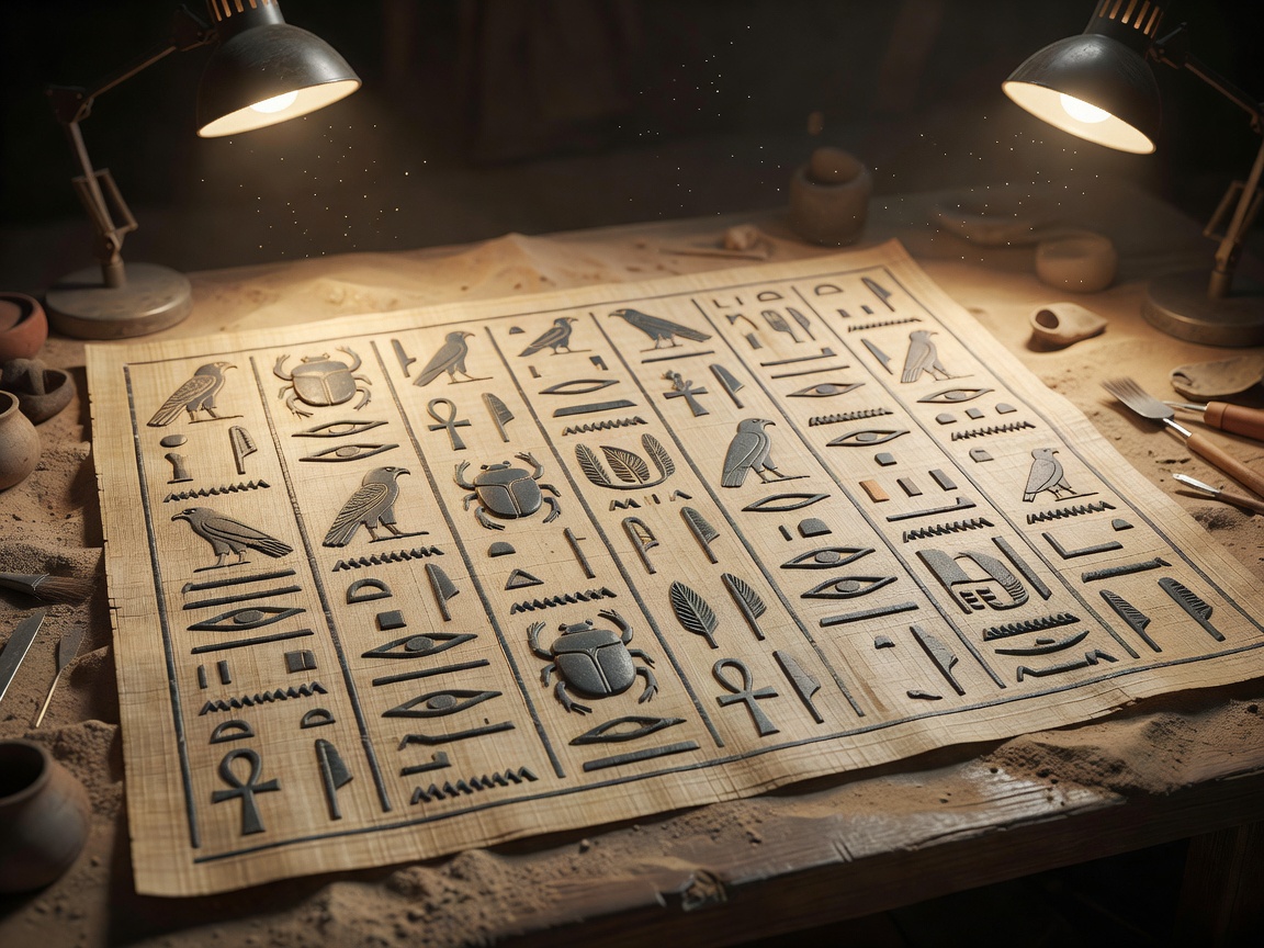 Drawn hieroglyphs on an illuminated papyrus sheet under soft archeology lamps