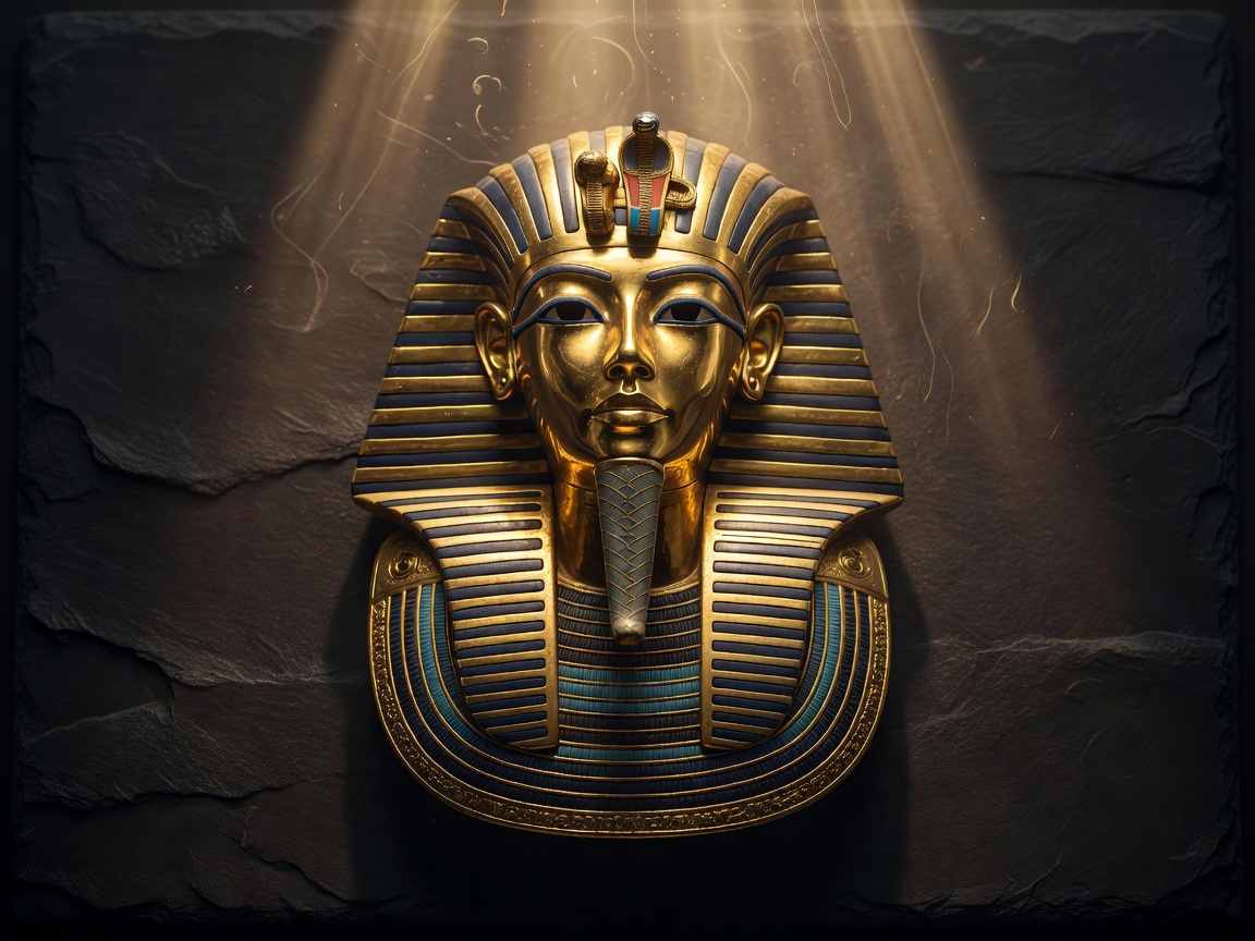 A glowing metallic golden mask of King Tutankhamun on a dark slate background with warm volumetric lighting