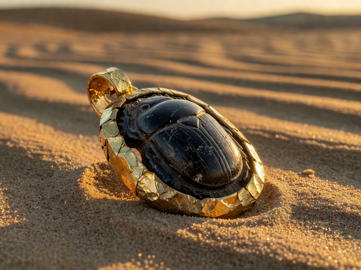 A detailed dark stone scarab beetle pendant framed in pure gold leaf resting in desert sand